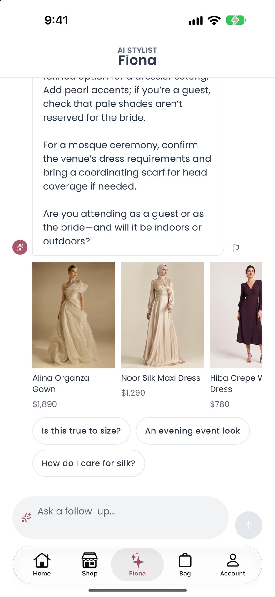 Fiona in the Aisha Haseen app answering a styling question with pieces from the live catalogue
